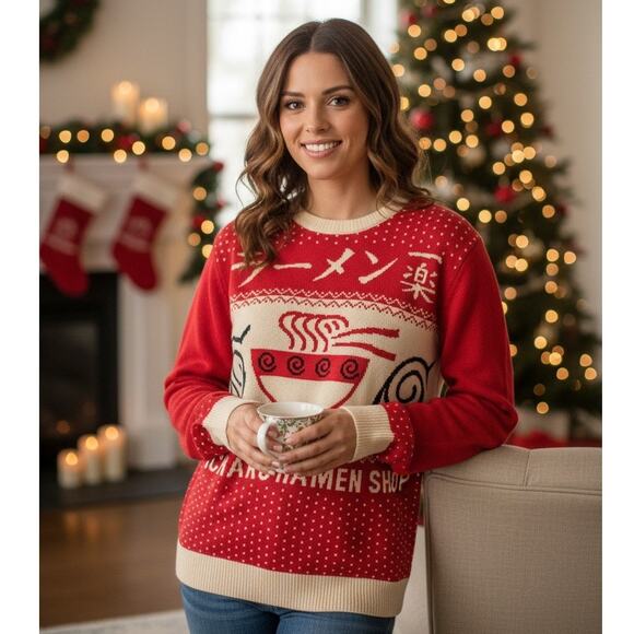 Naruto Ichiraku Ramen Sweater M/L/XL Ripple Junction Red Cream NWOT - Picture 1 of 9